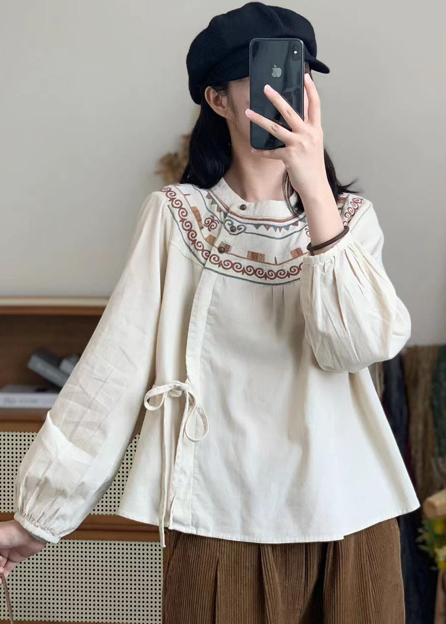 Bohemian Retro White Embroidered Lace Up Corduroy Shirt Spring WW1002