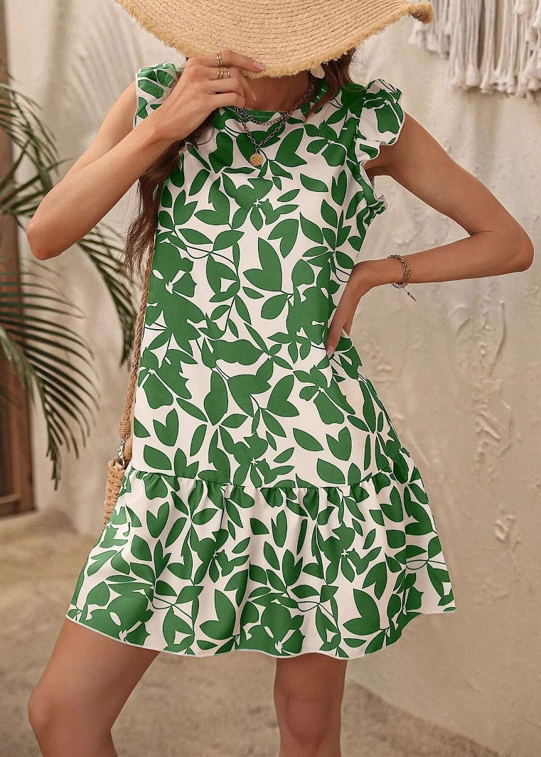 Rose Cotton Bohemian Neck Sleeve Mid Print Dress Butterfly O