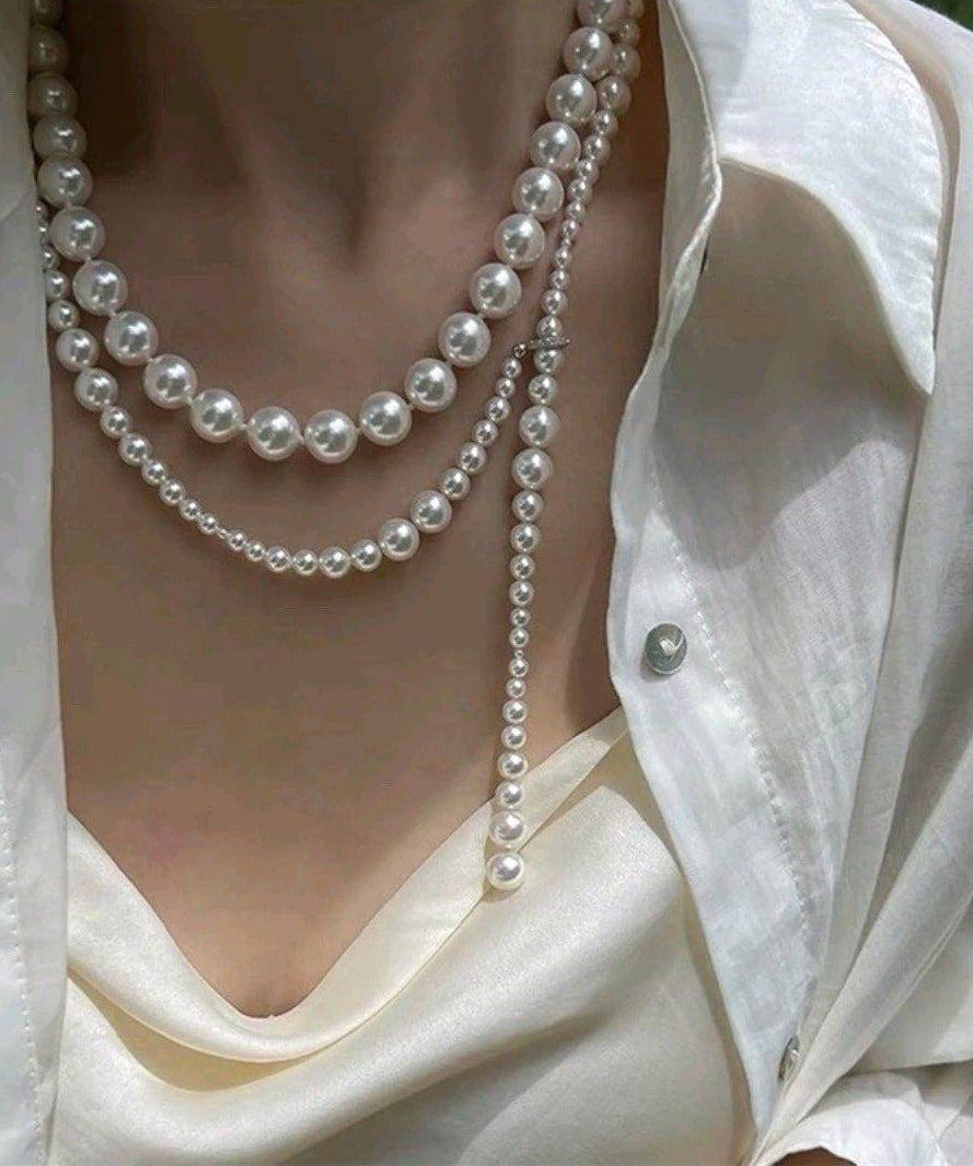Beading Alloy Bohemian Gratuated Bead Pearl Sweater White
