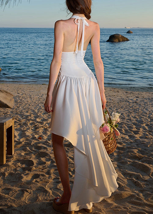 Rückenfreies, tief ausgeschnittenes, weißes, hochgeschlossenes, ärmelloses Kleid im Bohemian-Stil für den Urlaub