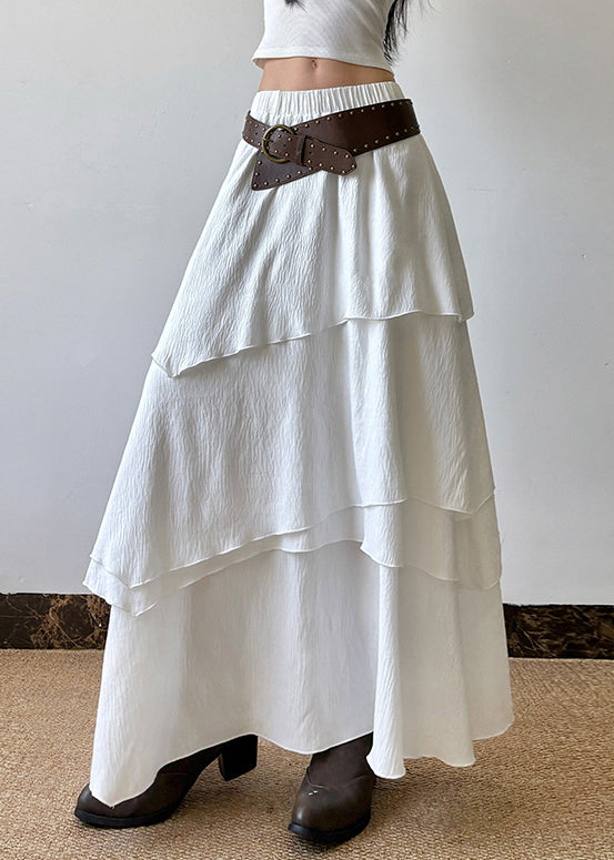 Skirts Waist Summer Cotton White Layered Solid Elastic Bohemian