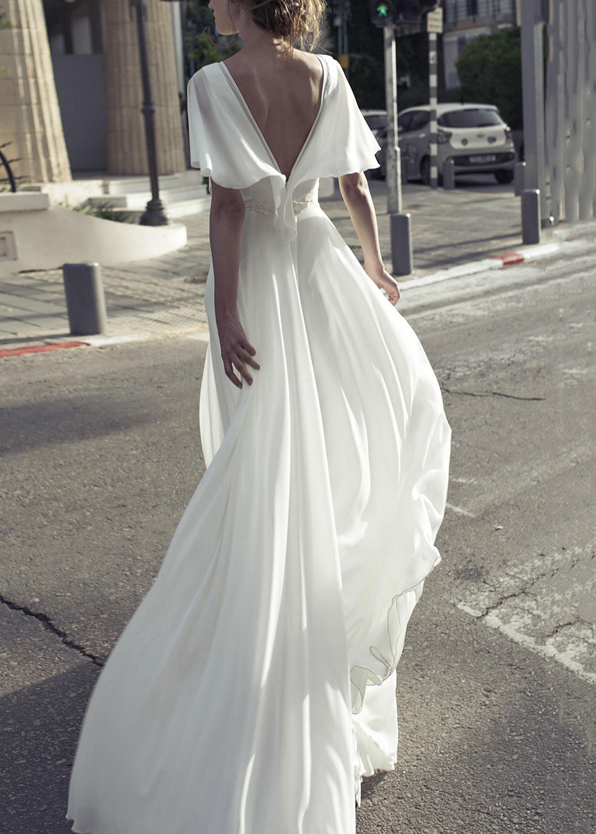 Böhmisches weißes rückenfreies Knöchelkleid aus Spitze mit V-Ausschnitt für den Sommer AM1008