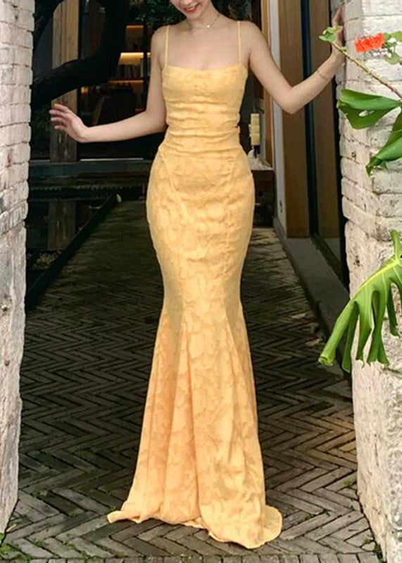 Strap Spaghetti Rückenfreies Gelb Fishtail Kleid Spitze Bohemian Maxi