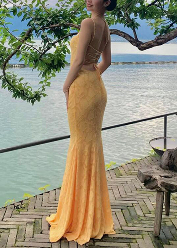 Strap Spaghetti Rückenfreies Gelb Fishtail Kleid Spitze Bohemian Maxi