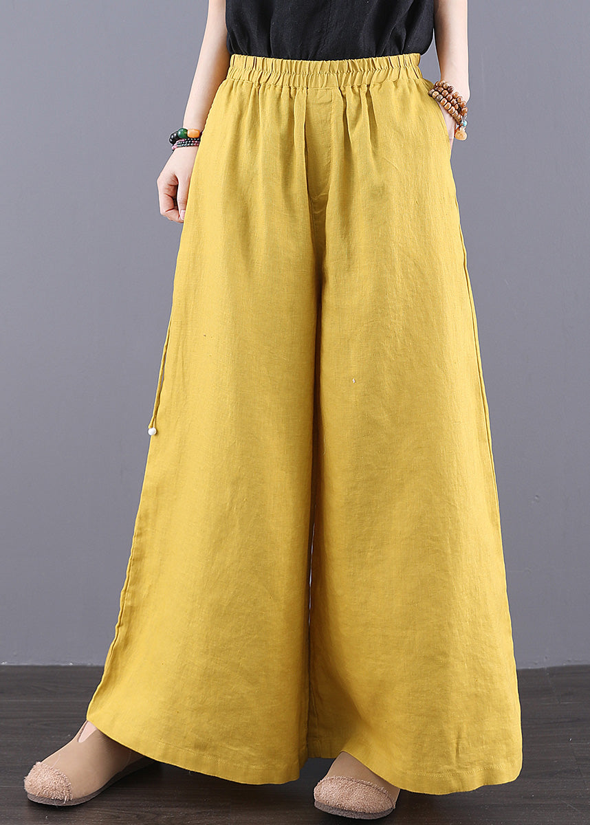 Pantalon taille élastique poches bohème lin jaune été