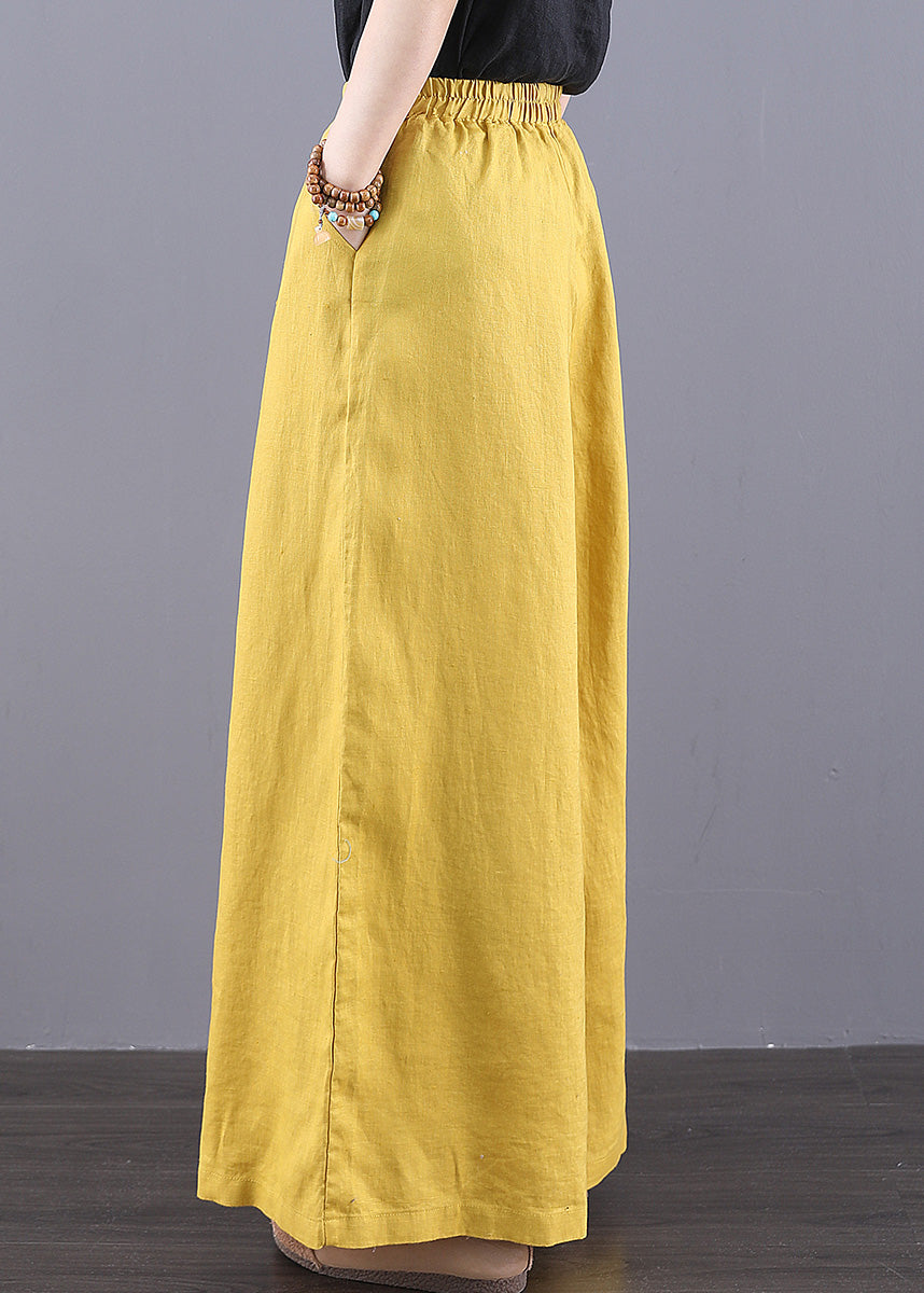Pantalon taille élastique poches bohème lin jaune été
