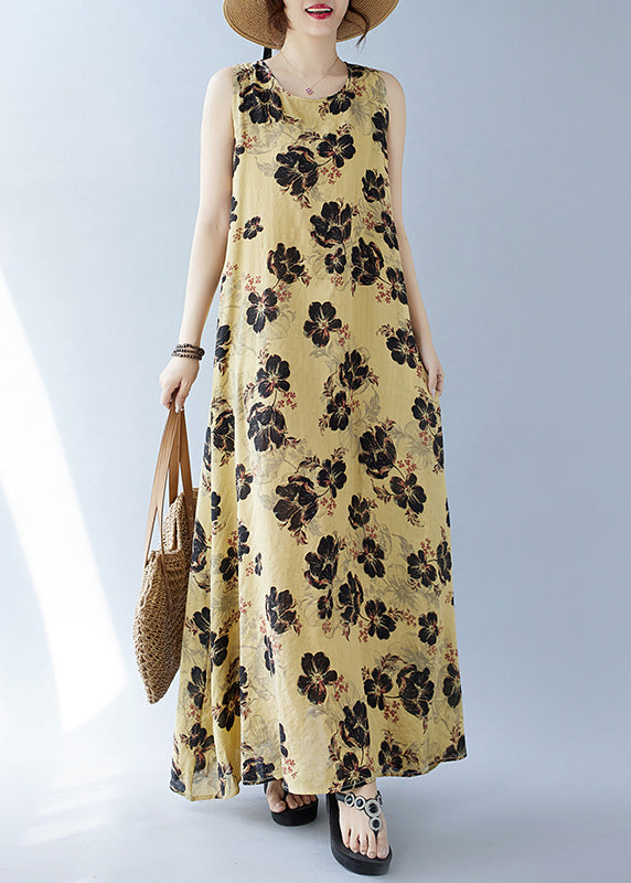 Bohemian Cotton Yellow Oversized Ärmellose Printkleider
