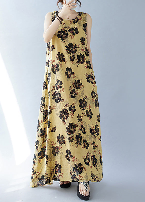 Bohemian Cotton Yellow Oversized Ärmellose Printkleider