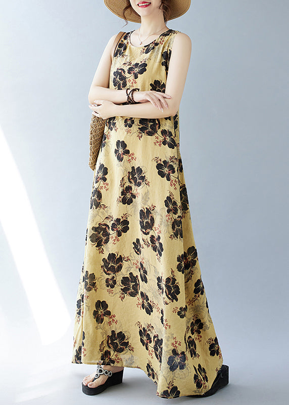 Bohemian Cotton Yellow Oversized Ärmellose Printkleider