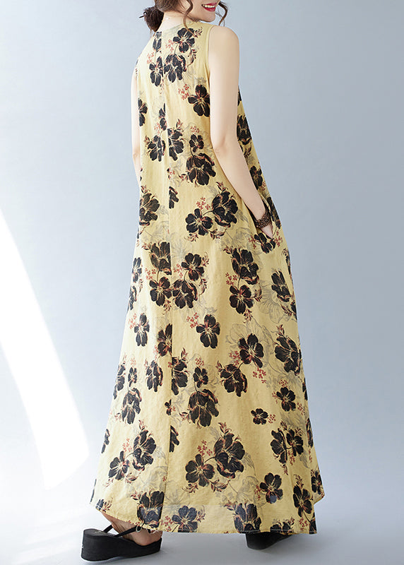 Bohemian Cotton Yellow Oversized Ärmellose Printkleider