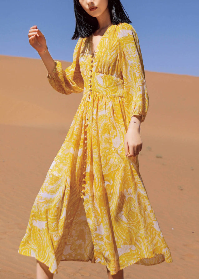 Lange Herbst Gelb Chiffon Kleider Bohemian Neck Print V