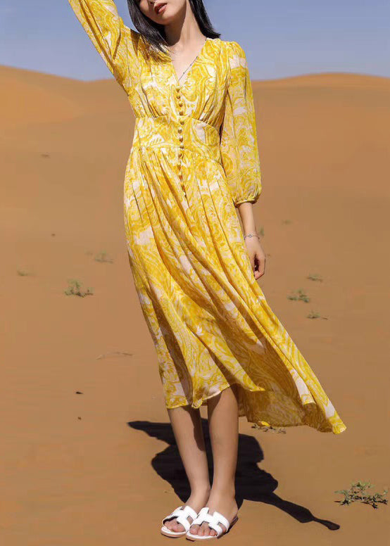 Lange Herbst Gelb Chiffon Kleider Bohemian Neck Print V