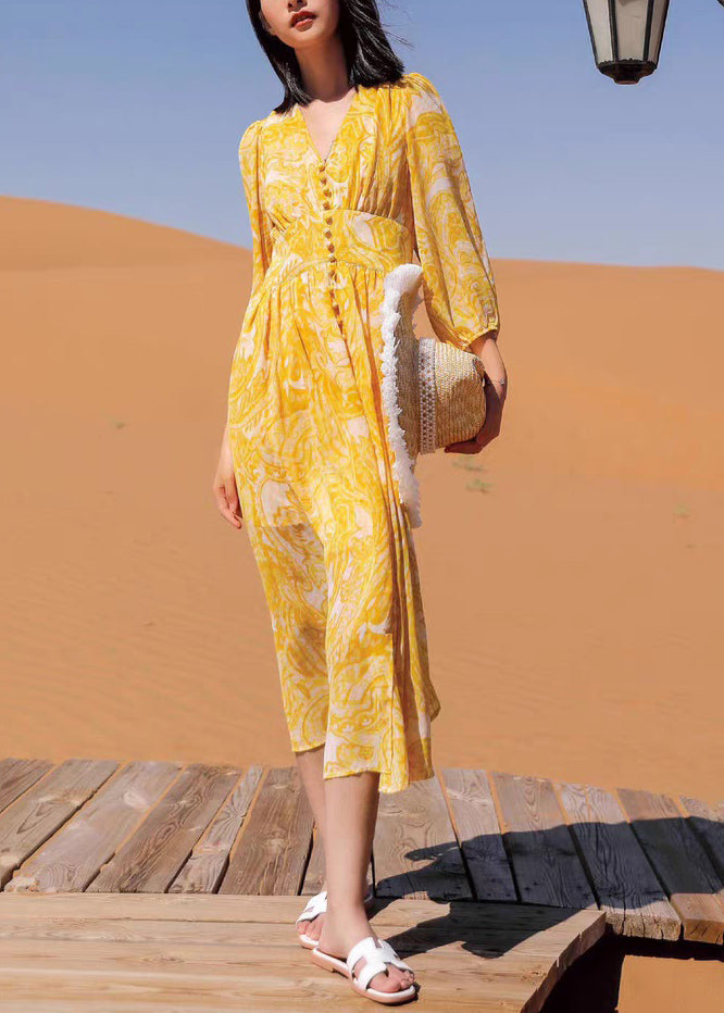 Lange Herbst Gelb Chiffon Kleider Bohemian Neck Print V