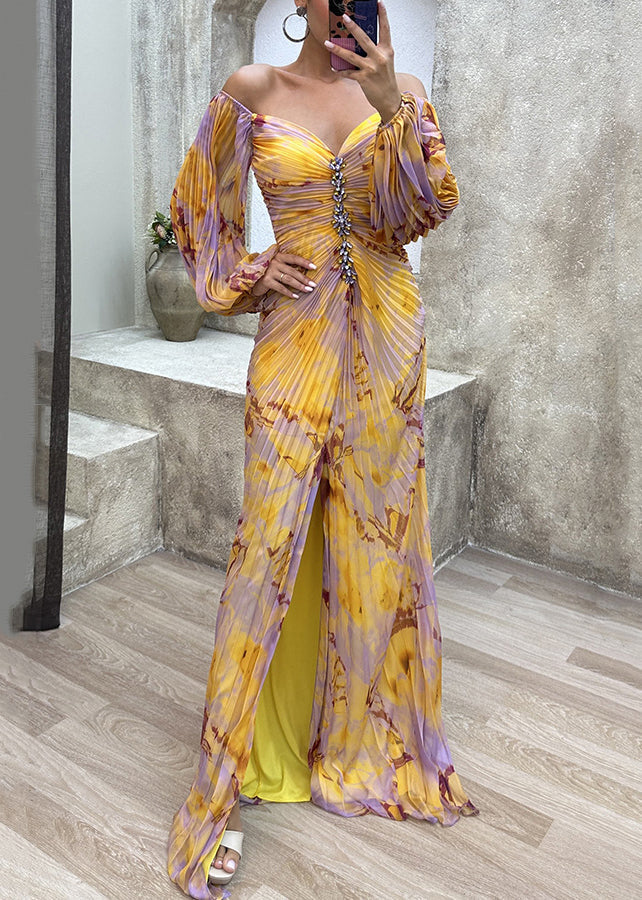 Falten-Frühlings-Bohemian-Kleid mit seitlich offenem Knöchel in Gelb