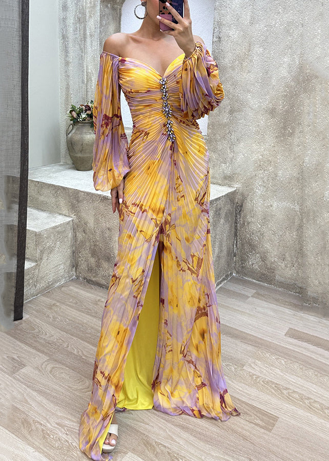 Falten-Frühlings-Bohemian-Kleid mit seitlich offenem Knöchel in Gelb