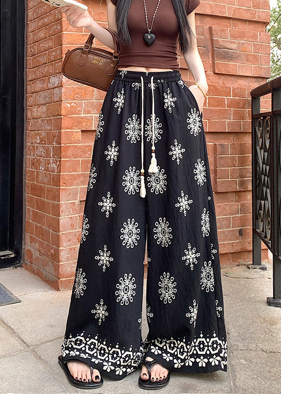 Waist Pants Cotton Boho Leg Wide Apricot Print Summer Elastic