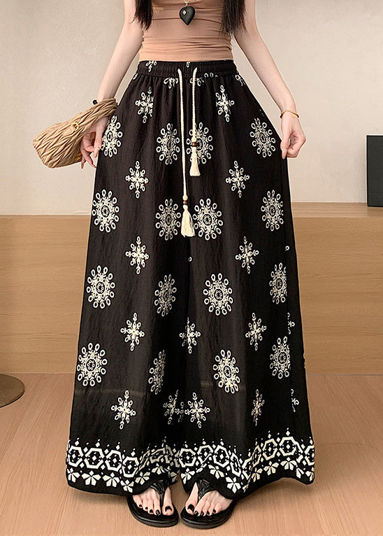 Waist Pants Cotton Boho Leg Wide Apricot Print Summer Elastic