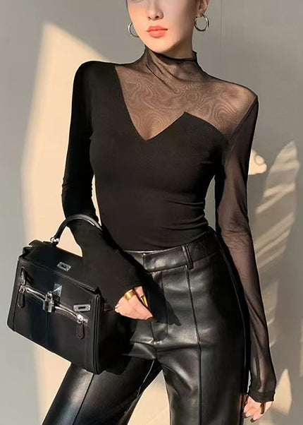 Boho Black Asymmetrical Patchwork Hollow Out Tops Spring YF028