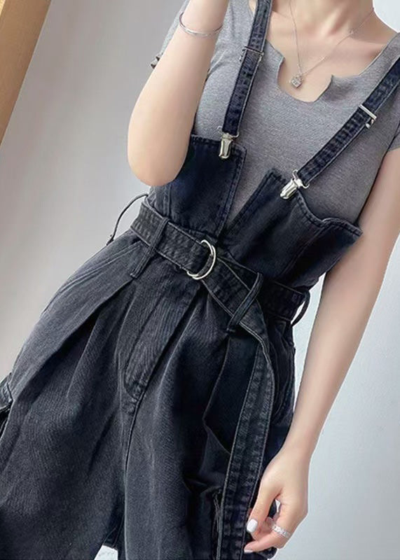Tunique noire bohème en jean avec poches, combinaison salopette d'été