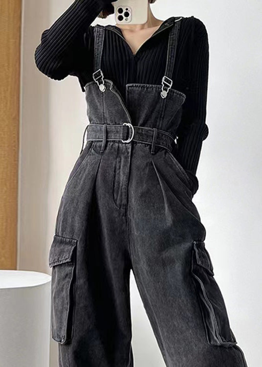 Tunique noire bohème en jean avec poches, combinaison salopette d'été
