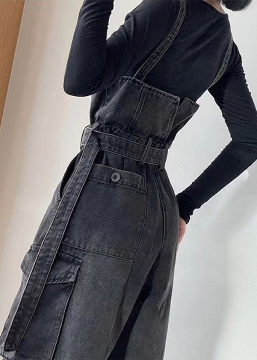 Tunique noire bohème en jean avec poches, combinaison salopette d'été