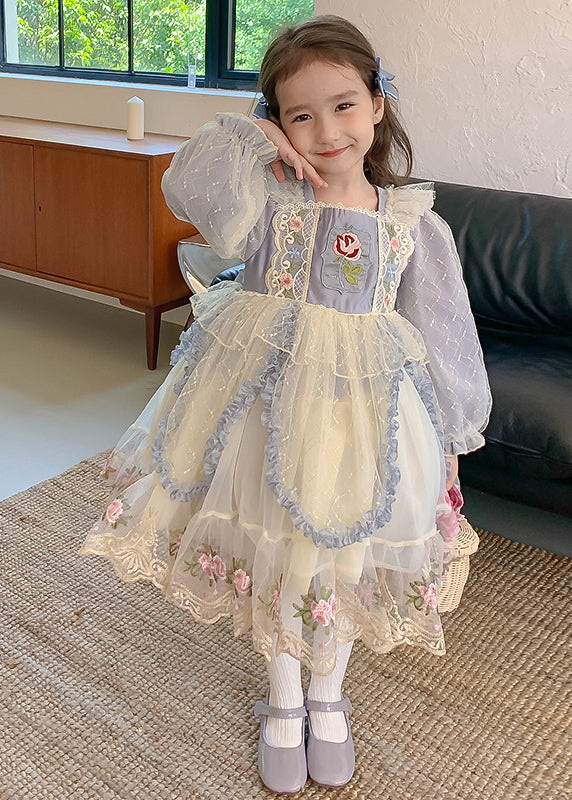 Robe longue en tulle brodé bleu style bohème pour enfant, col carré, printemps YE032