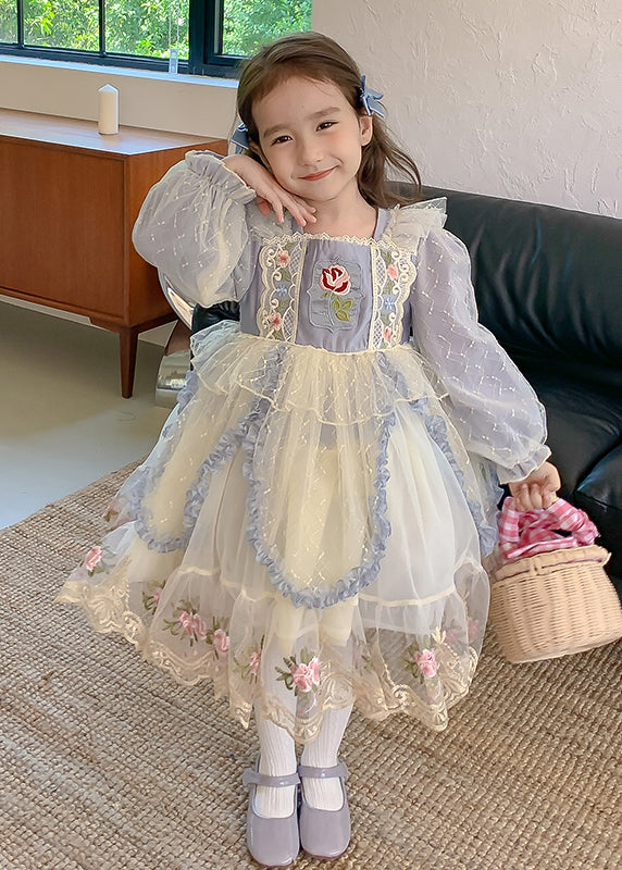 Robe longue en tulle brodé bleu style bohème pour enfant, col carré, printemps YE032