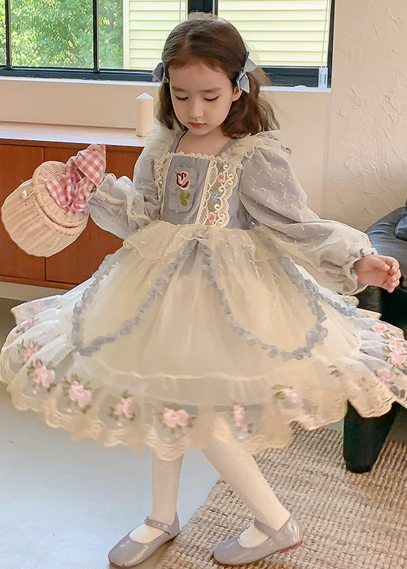 Robe longue en tulle brodé bleu style bohème pour enfant, col carré, printemps YE032