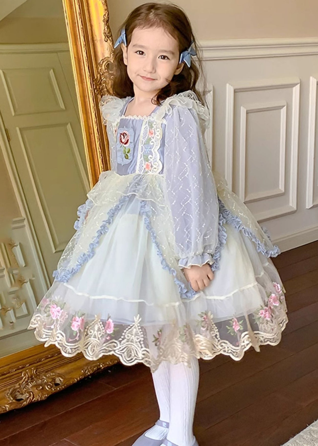 Robe longue en tulle brodé bleu style bohème pour enfant, col carré, printemps YE032