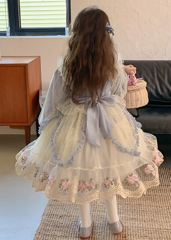 Robe longue en tulle brodé bleu style bohème pour enfant, col carré, printemps YE032
