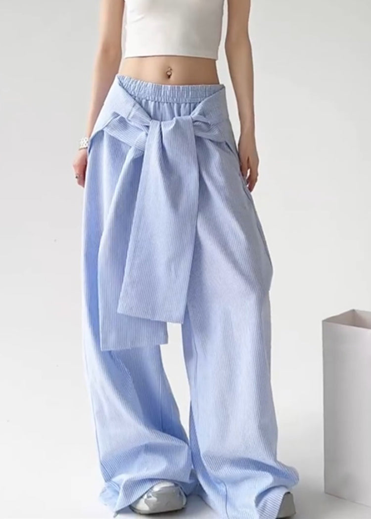 Pantalon droit rayé bleu bohème à taille nouée et amovible, printemps TA057