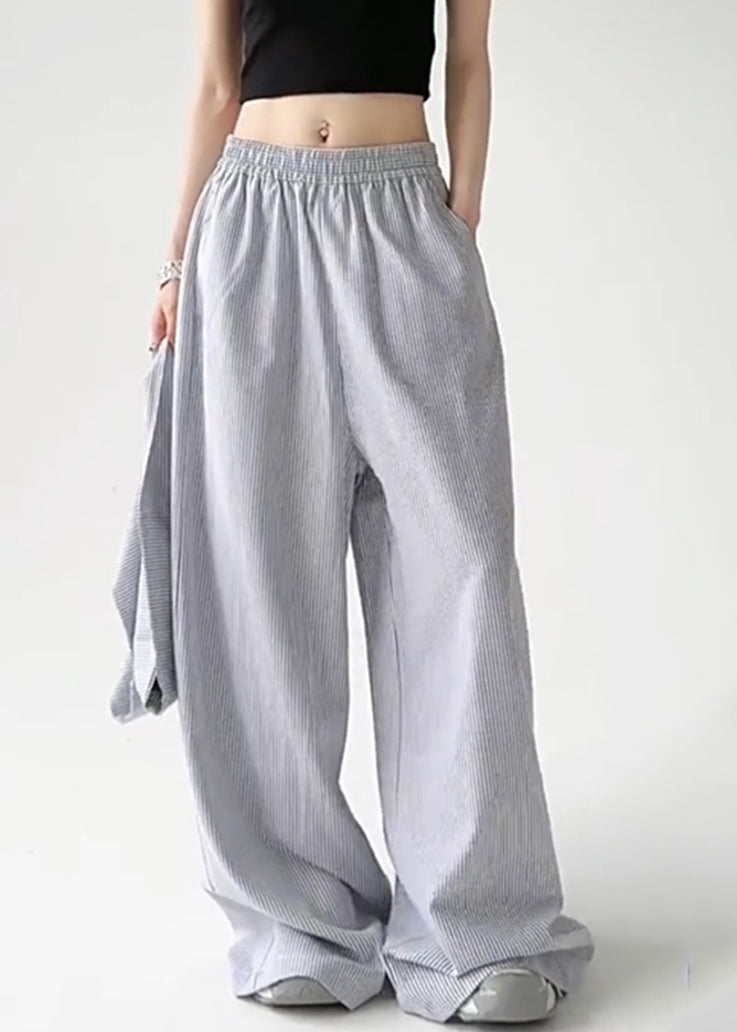 Pantalon droit rayé bleu bohème à taille nouée et amovible, printemps TA057