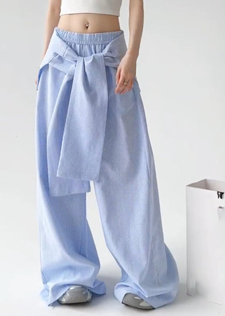 Pantalon droit rayé bleu bohème à taille nouée et amovible, printemps TA057