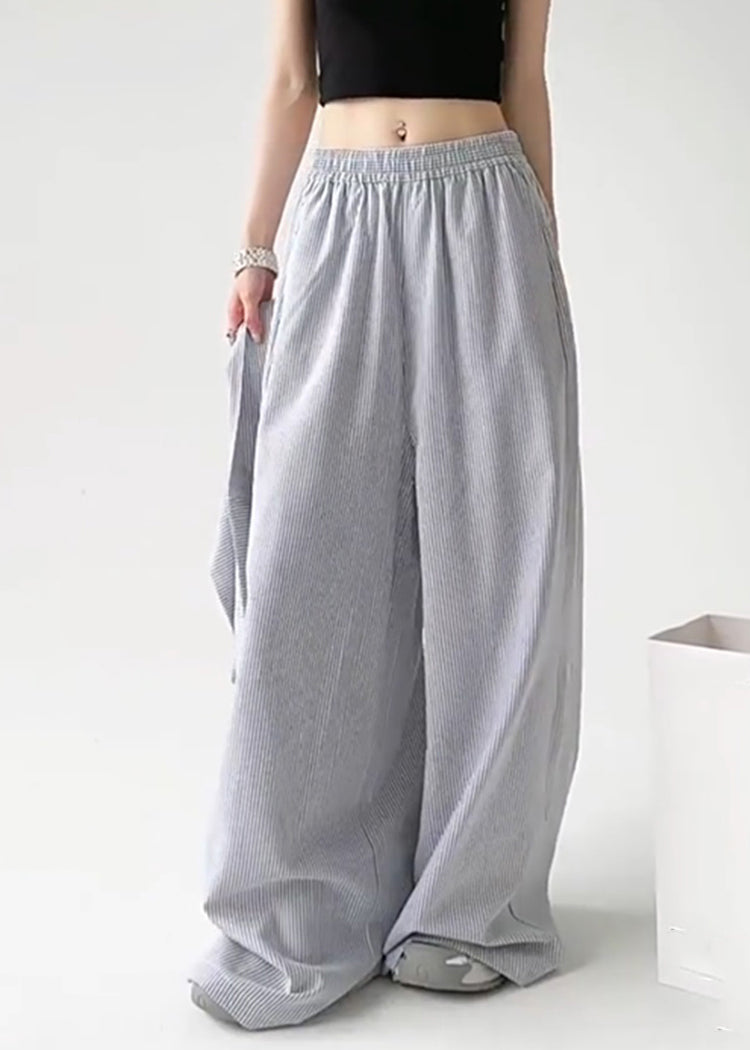 Pantalon droit rayé bleu bohème à taille nouée et amovible, printemps TA057