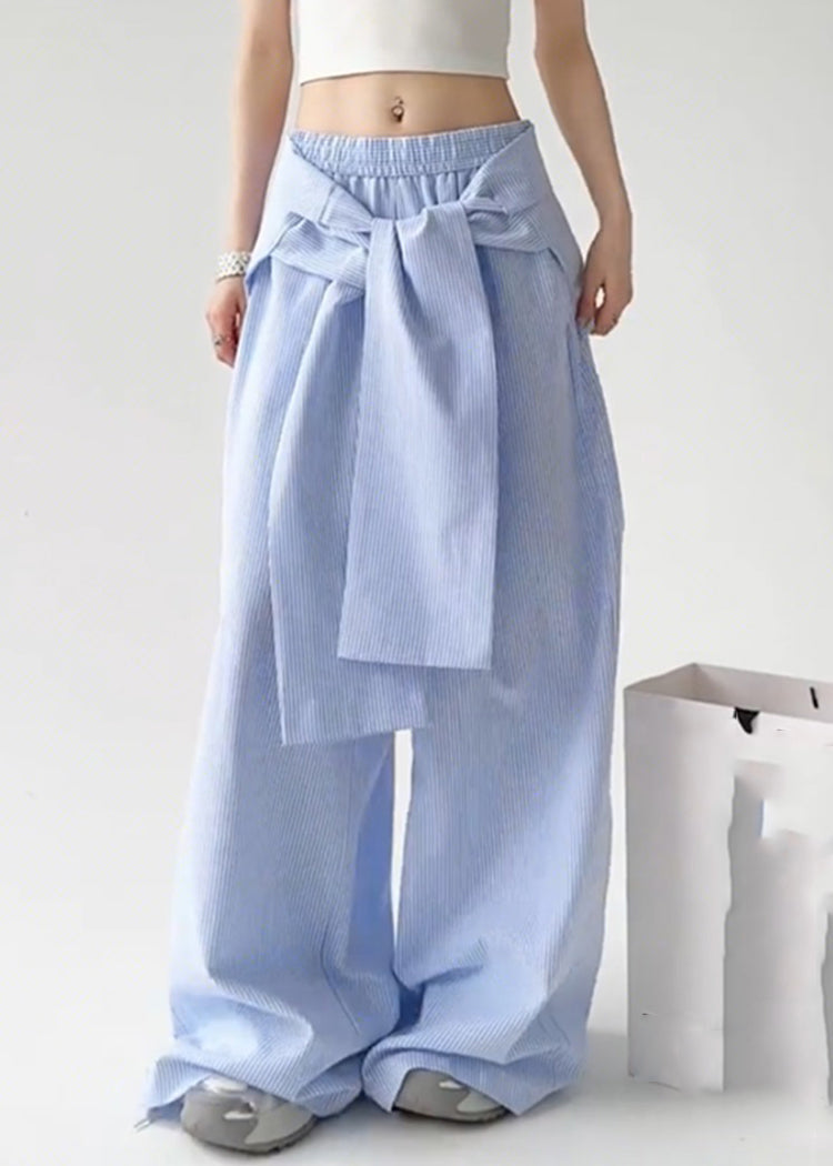 Pantalon droit rayé bleu bohème à taille nouée et amovible, printemps TA057