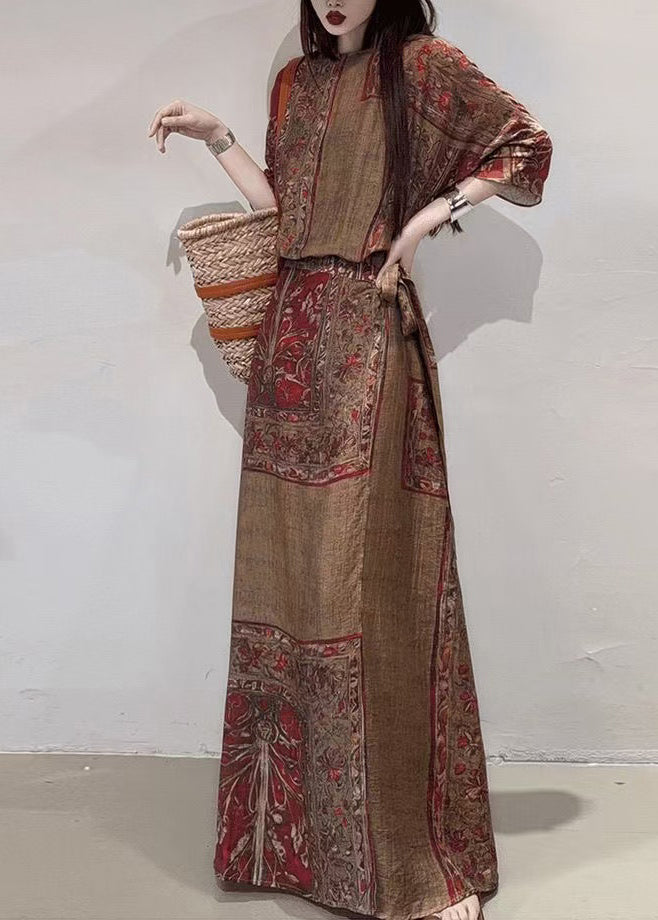 Boho Coffee Holiday Dress Cinched Print Linen Summer