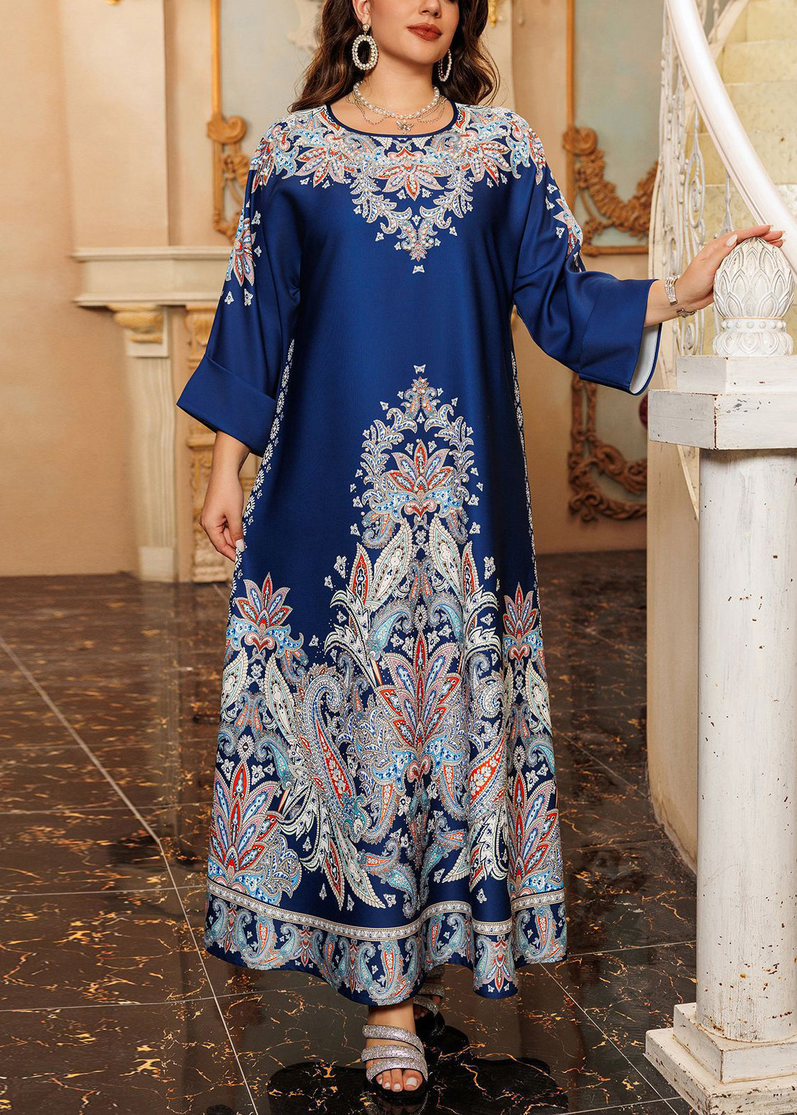 Boho Grünes O-Ausschnitt Print Baumwolle Langes Kleid Herbst WO046