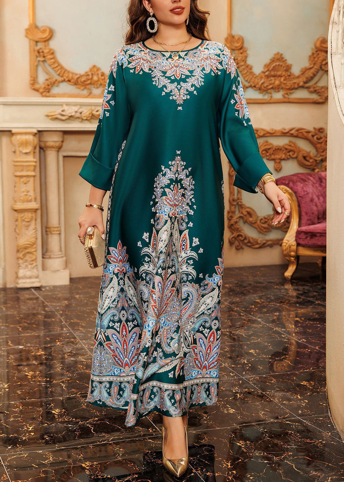Boho Grünes O-Ausschnitt Print Baumwolle Langes Kleid Herbst WO046
