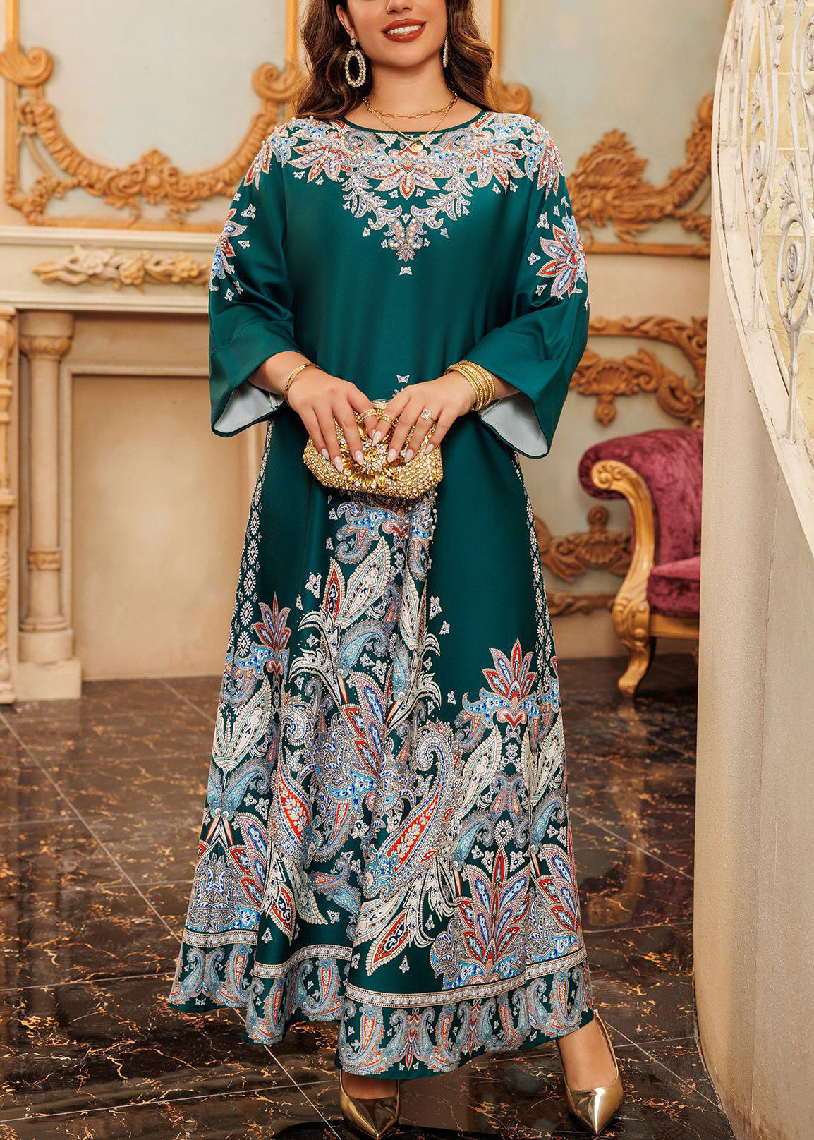 Boho Grünes O-Ausschnitt Print Baumwolle Langes Kleid Herbst WO046