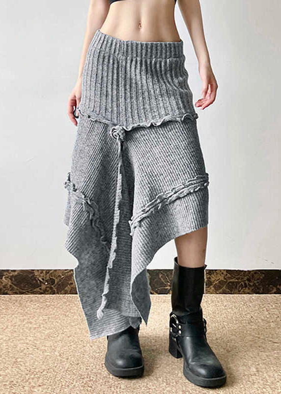 Jupes en tricot asymétriques grises style bohème à volants, printemps YP048