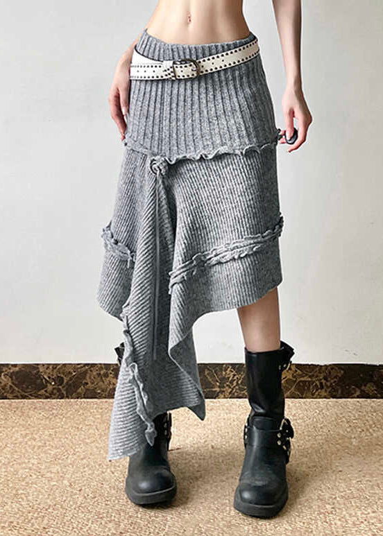 Jupes en tricot asymétriques grises style bohème à volants, printemps YP048