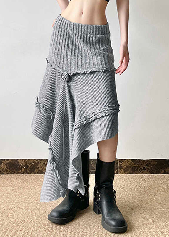 Jupes en tricot asymétriques grises style bohème à volants, printemps YP048