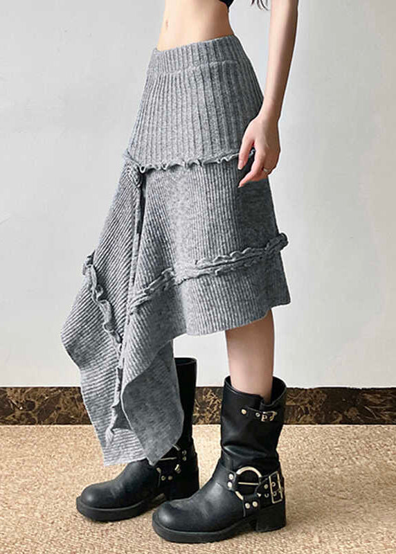 Jupes en tricot asymétriques grises style bohème à volants, printemps YP048
