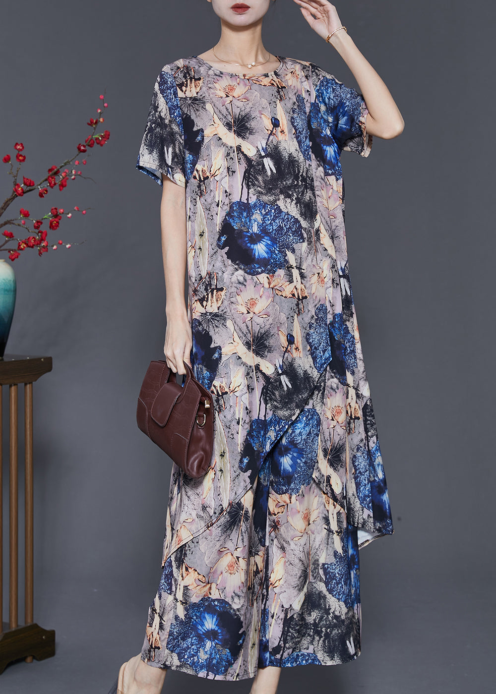 Boho Grey Asymmetrical Print Chiffon 2 Piece Outfit Summer SD1013