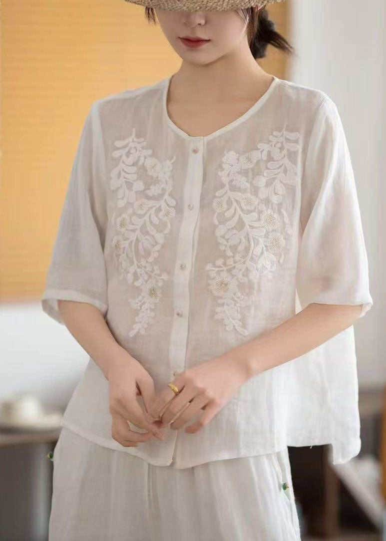 Grey Tops Embroidered Sleeve Linen Boho Half