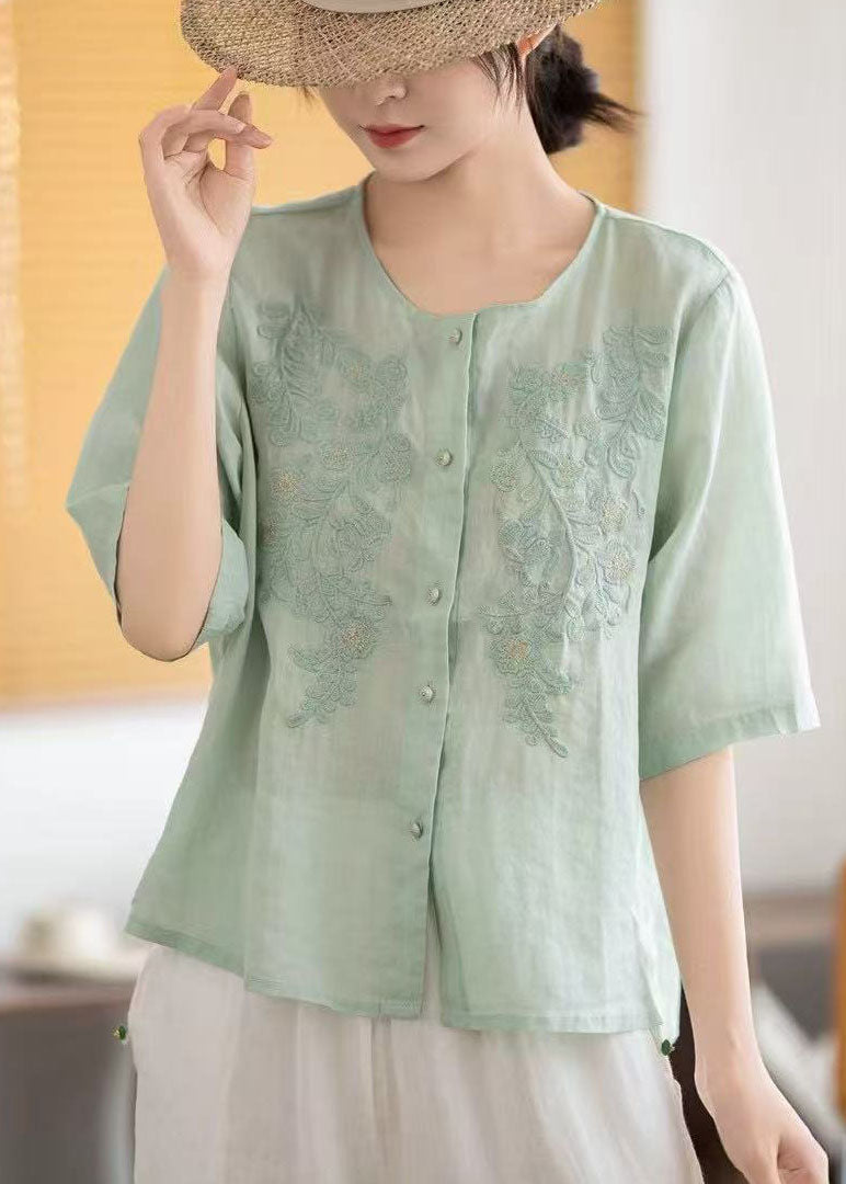 Grey Tops Embroidered Sleeve Linen Boho Half