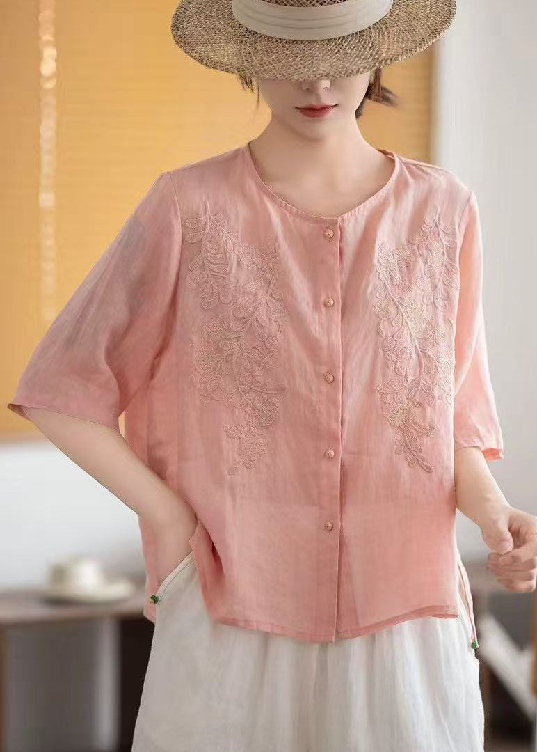 Grey Tops Embroidered Sleeve Linen Boho Half