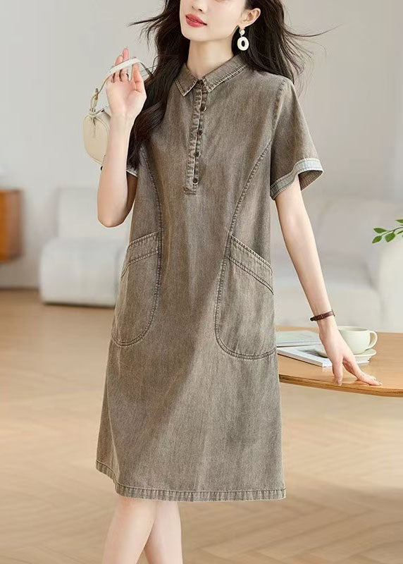 Collar Day Pockets Dresses Pan Grey Summer Boho Denim Peter