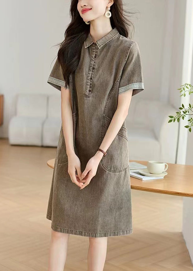 Collar Day Pockets Dresses Pan Grey Summer Boho Denim Peter