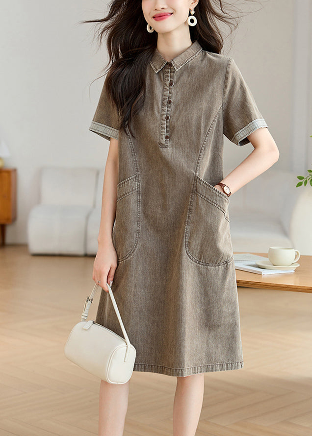 Collar Day Pockets Dresses Pan Grey Summer Boho Denim Peter
